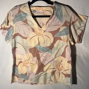 Jones New York Cream & Neutral Hawaiian Floral Design Cotton/Linen Top - Size 10
